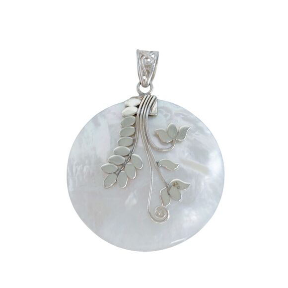 Vintage ATI Sterling Silver 925 Mother of Pearl Floral Pendant - Picture 2 of 8